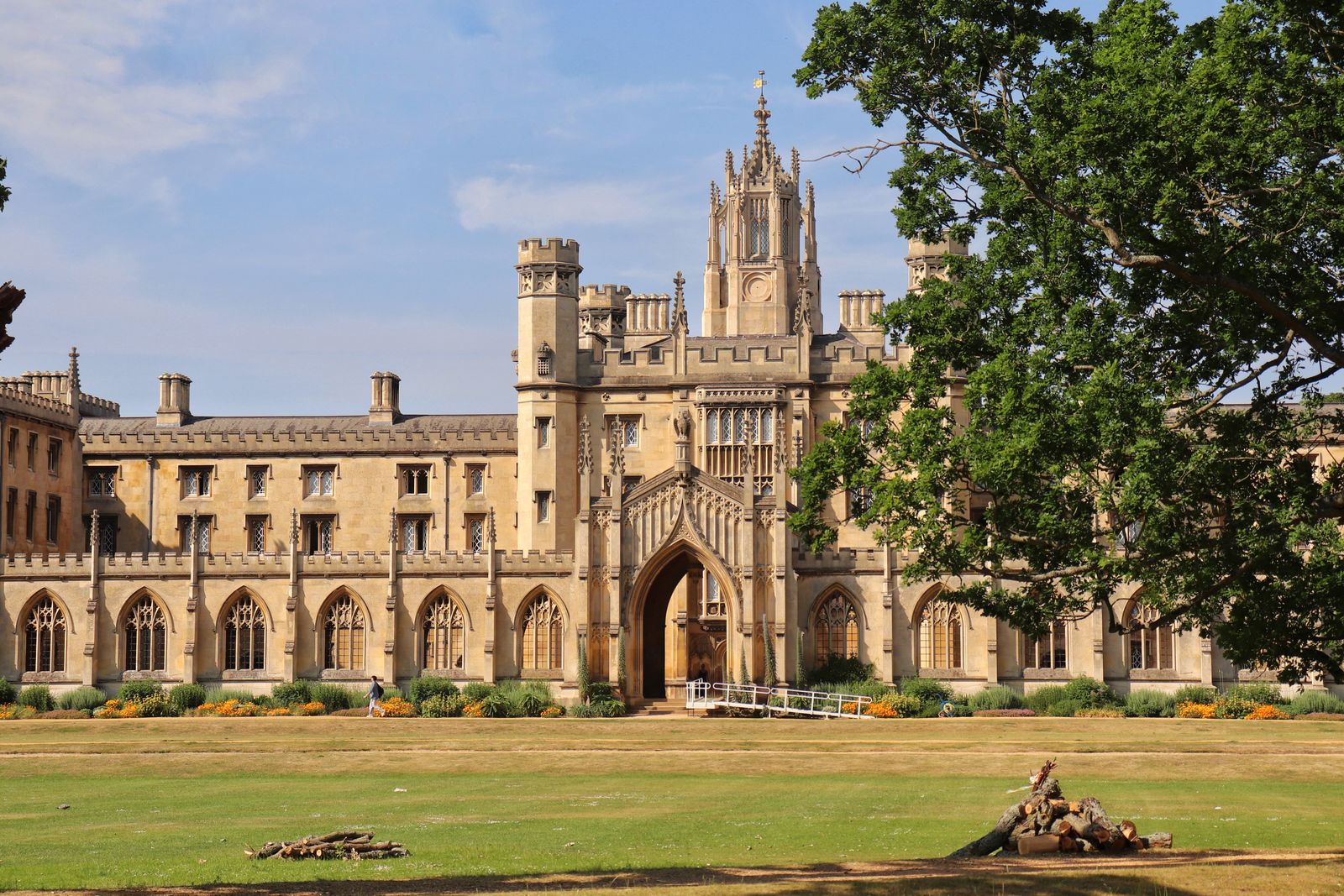 The grand summer facade of St John's College in Cambridge