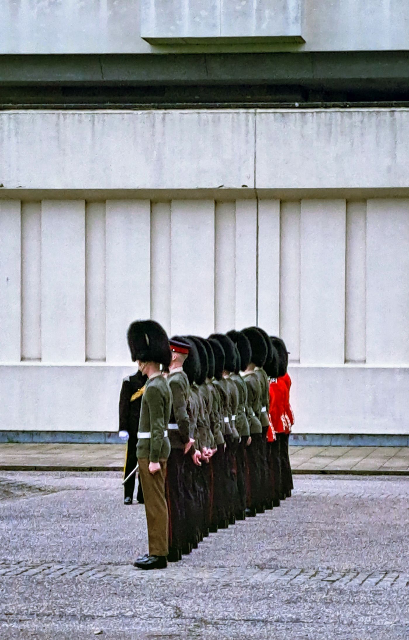 Guards in ceremonial red uniforms marching during a royal ceremony