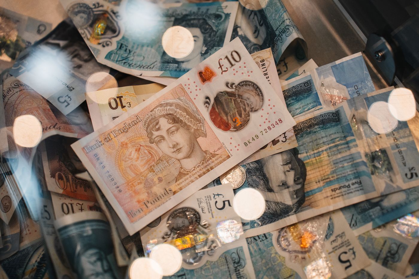Close-up of British pound sterling banknotes