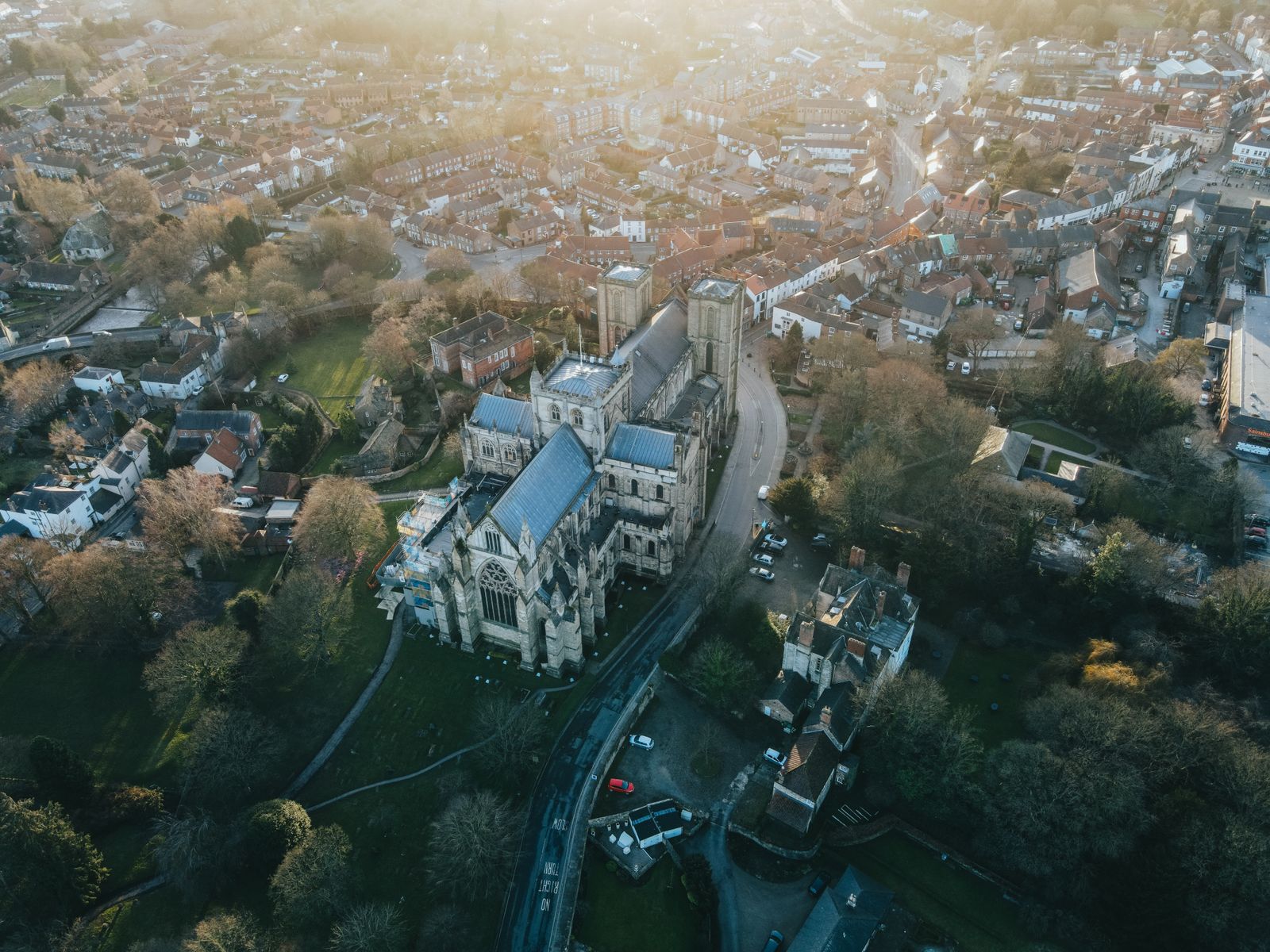 Aerial view of York with its cathedral among historic rooftops