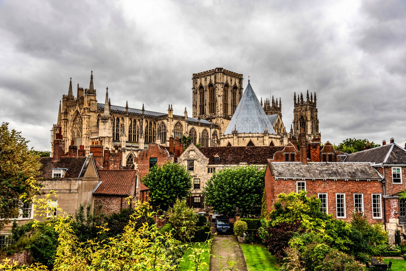 York Minster cathedral rising against a cloudy sky